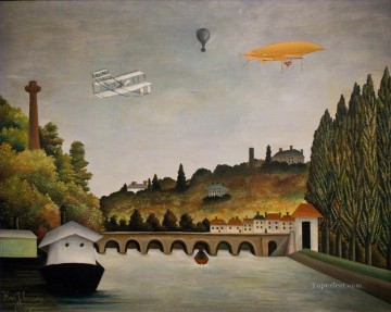 Henri Rousseau Painting - View of the Bridge in Sevres and the Hills of Clamart Saint Cloud and Bellevue with biplane balloon and dirigible Henri Rousseau Post Impressionism Naive Primitivism